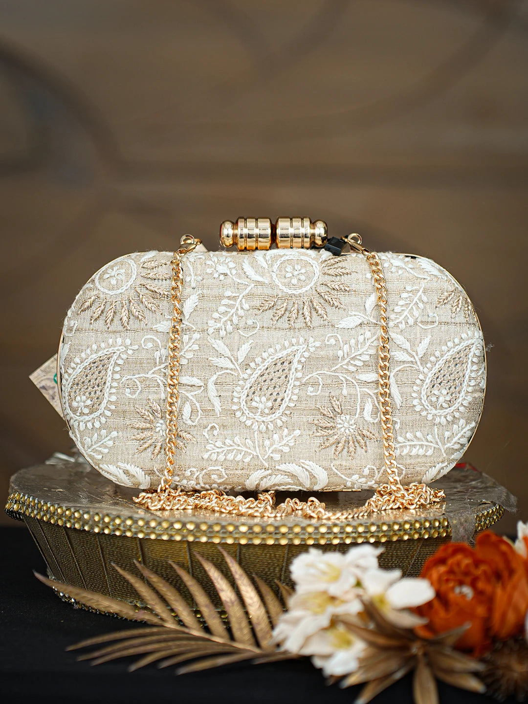 Ada Hand Embroidered Fawn Silk Lucknowi Chikankari Clutch With Zari Taar Work 01A781624