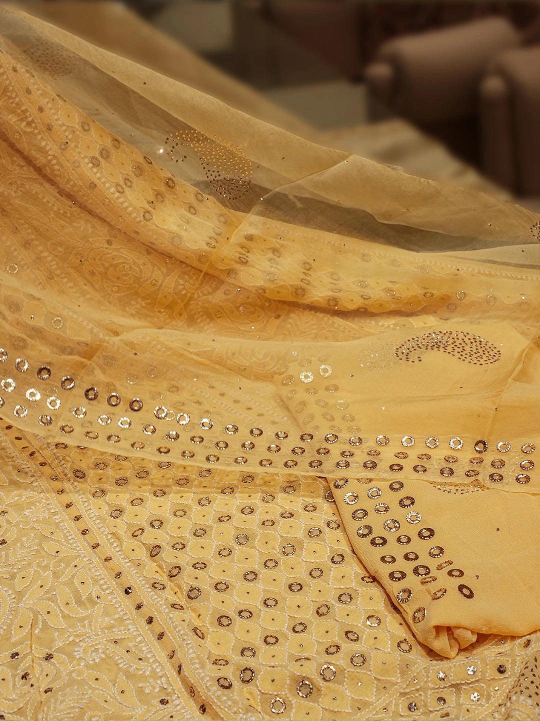 Ada Hand Embroidered Fawn Pure Georgette Lucknowi Chikankari Lehenga Set With MuqaishWork 01A224551