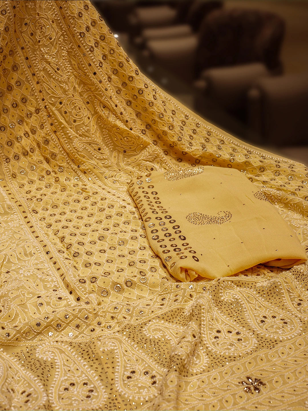 Ada Hand Embroidered Fawn Pure Georgette Lucknowi Chikankari Lehenga Set With MuqaishWork 01A224551