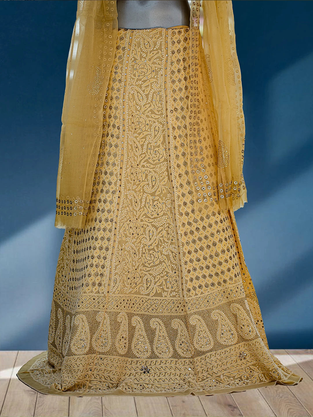 Ada Hand Embroidered Fawn Pure Georgette Lucknowi Chikankari Lehenga Set With MuqaishWork 01A224551