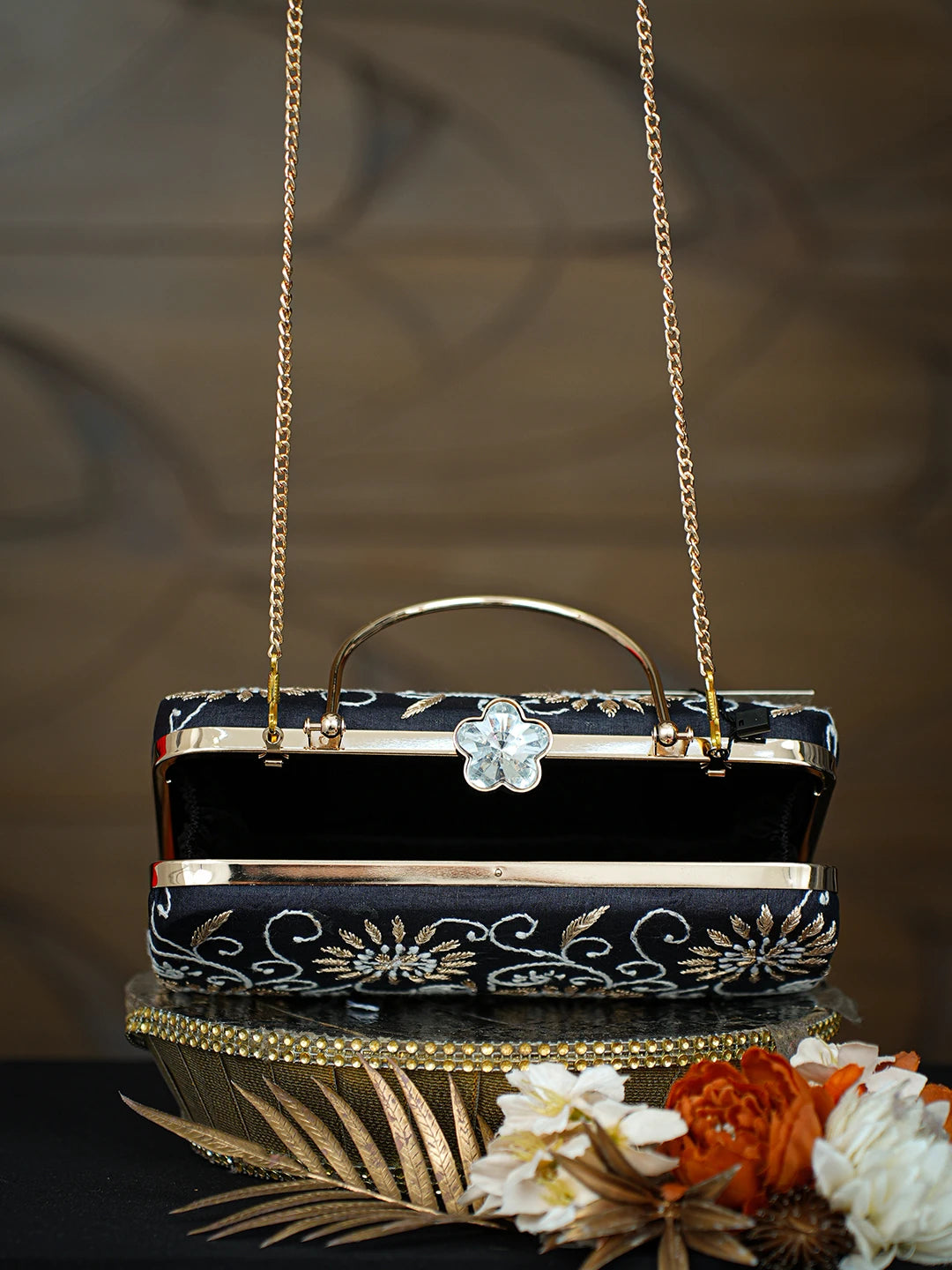 Ada Hand Embroidered Black Silk Lucknowi Chikankari Clutch With Zari Taar Work 01A781617