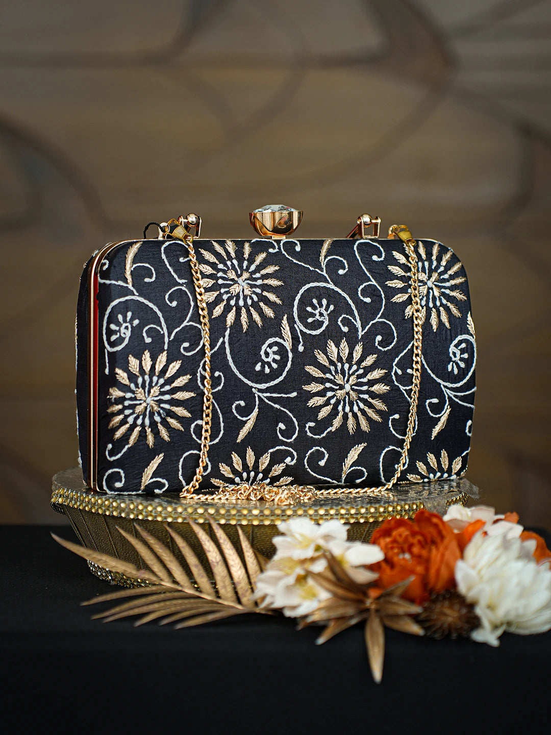 Ada Hand Embroidered Black Silk Lucknowi Chikankari Clutch With Zari Taar Work 01A781617