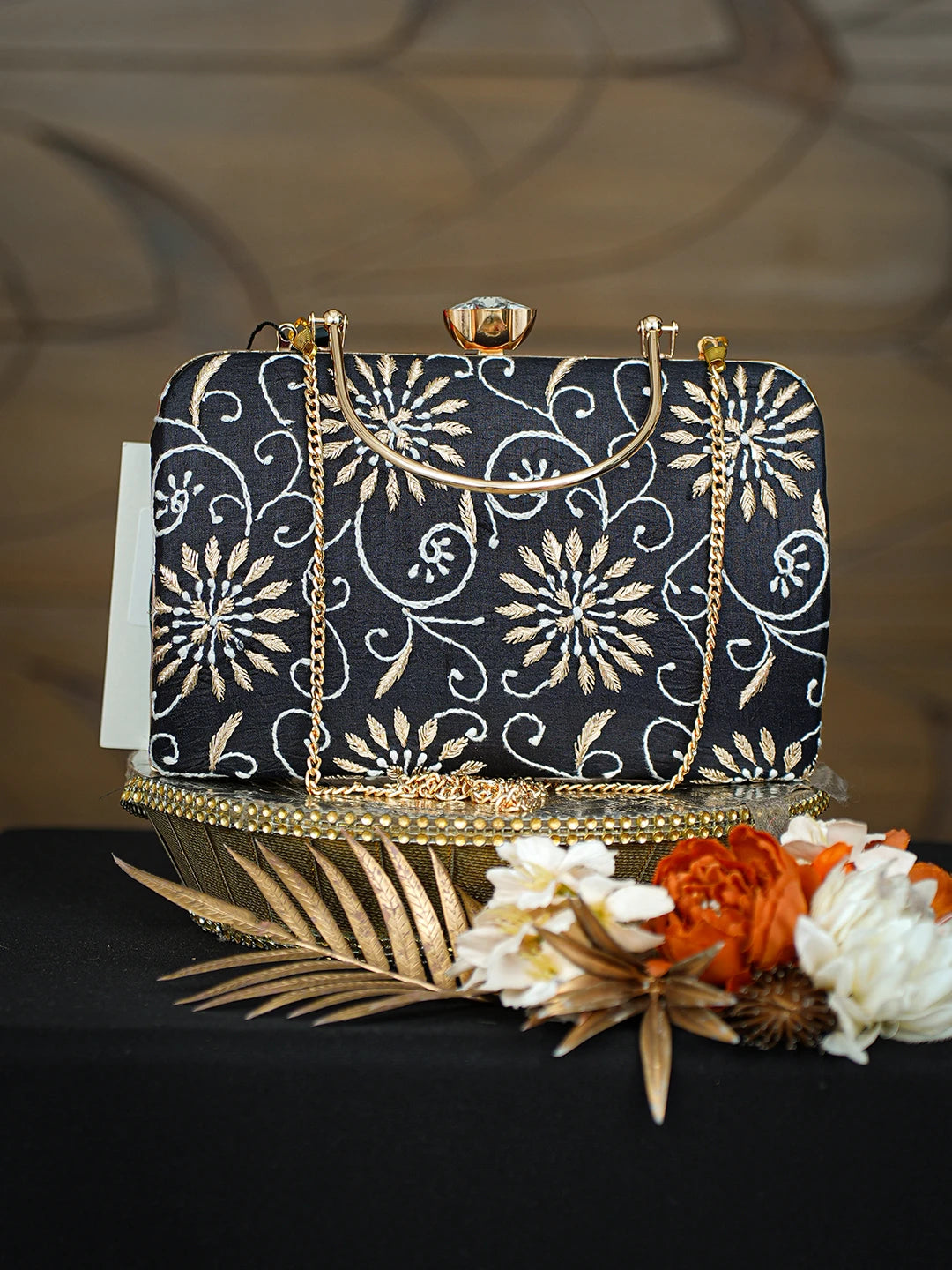 Ada Hand Embroidered Black Silk Lucknowi Chikankari Clutch With Zari Taar Work 01A781617