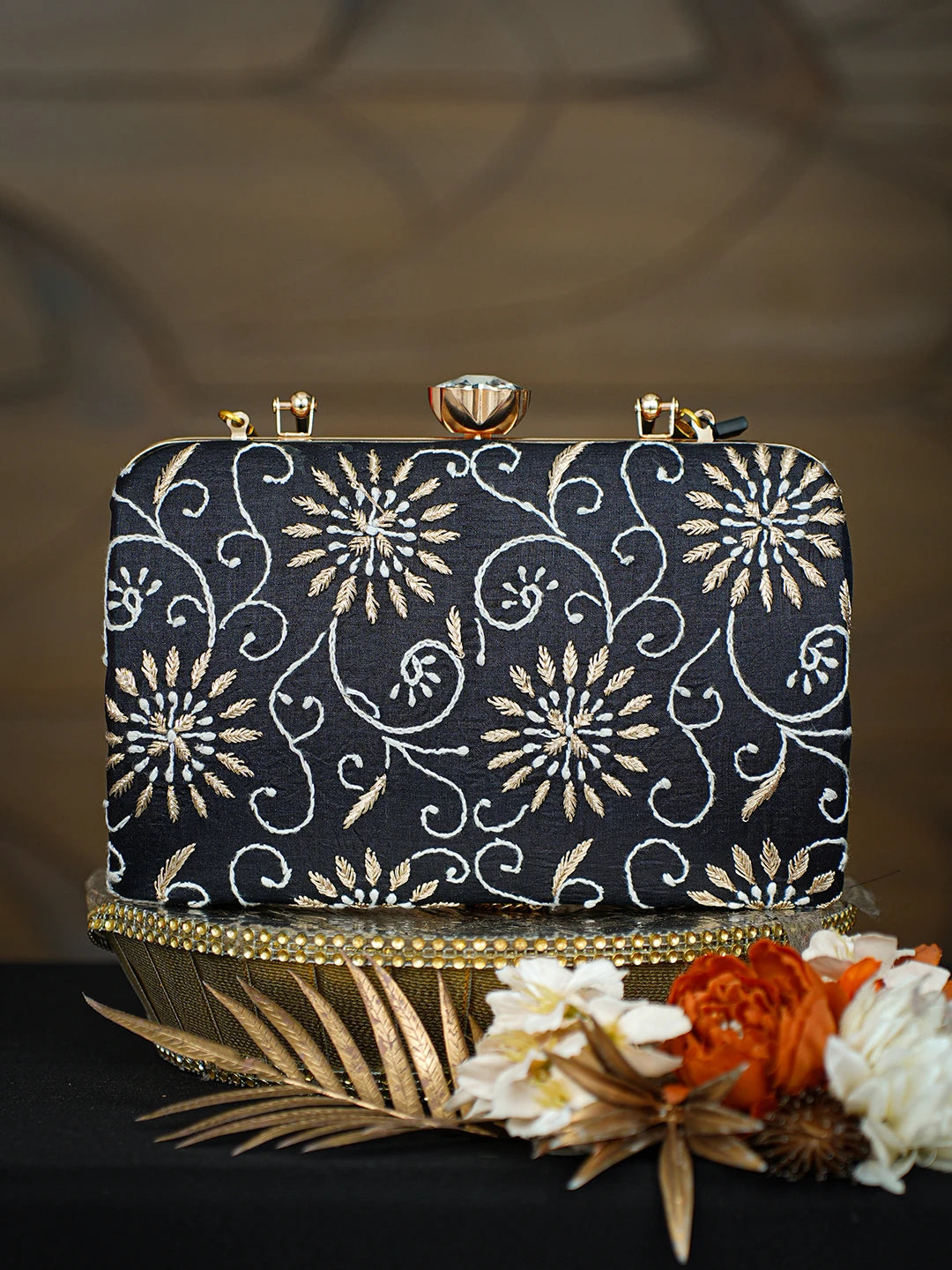 Ada Hand Embroidered Black Silk Lucknowi Chikankari Clutch With Zari Taar Work 01A781617
