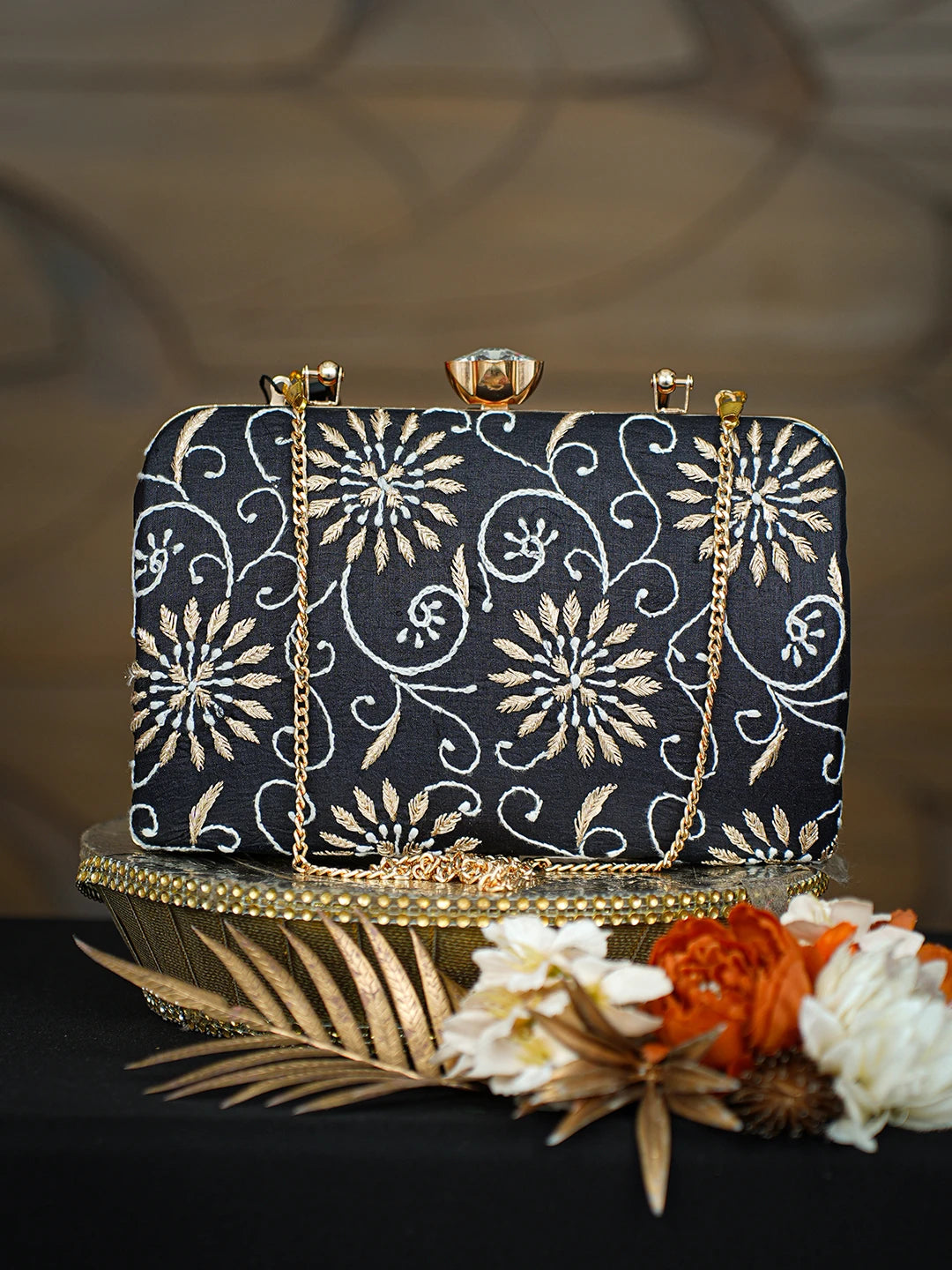 Ada Hand Embroidered Black Silk Lucknowi Chikankari Clutch With Zari Taar Work 01A781617