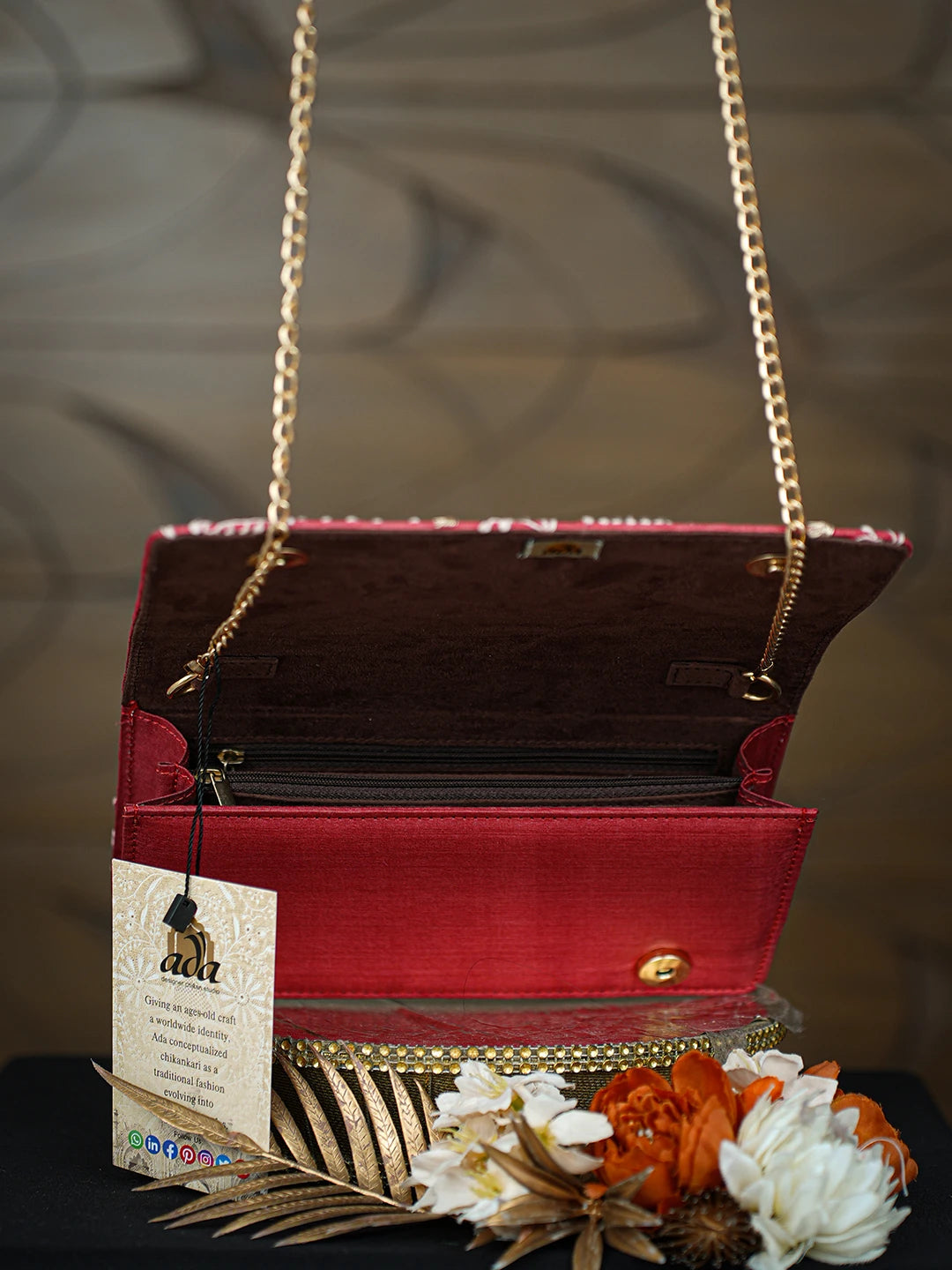 Ada Hand Embroidered Red Silk Lucknowi Chikankari Clutch With Zari Taar Work 01A768238