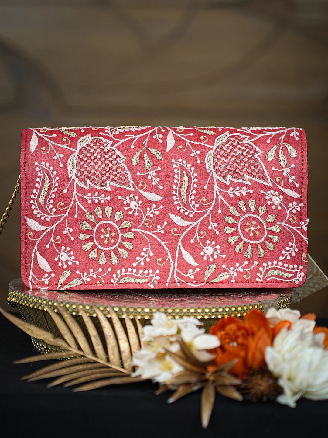 Ada Hand Embroidered Red Silk Lucknowi Chikankari Clutch With Zari Taar Work 01A768238
