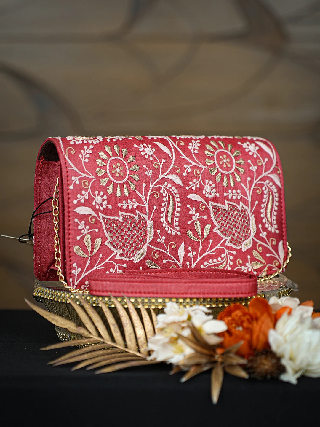 Ada Hand Embroidered Red Silk Lucknowi Chikankari Clutch With Zari Taar Work 01A768238