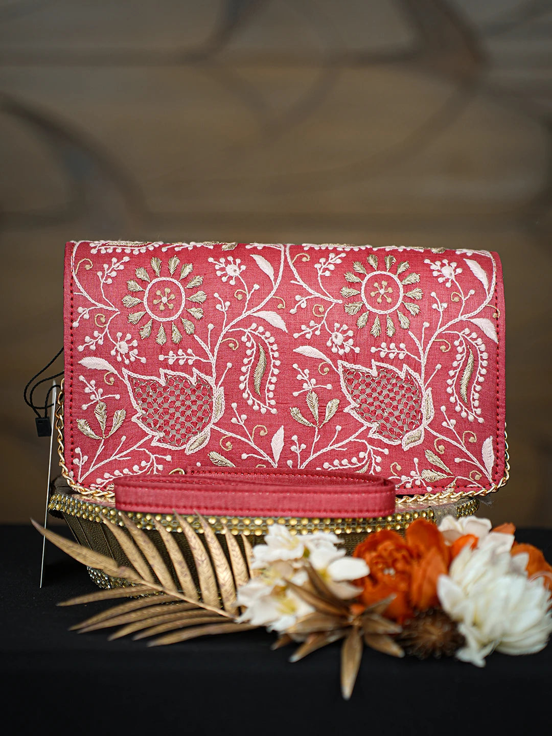 Ada Hand Embroidered Red Silk Lucknowi Chikankari Clutch With Zari Taar Work 01A768238