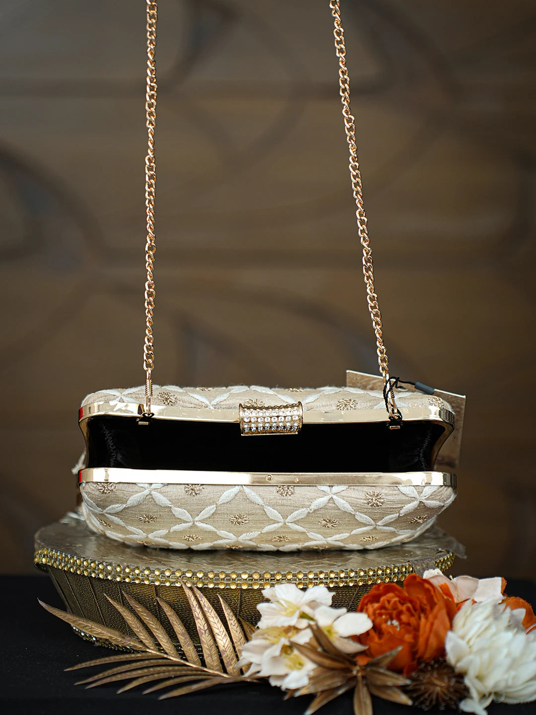 Ada Hand Embroidered Fawn Silk Lucknowi Chikankari Clutch With Zari Taar Work 01A781571