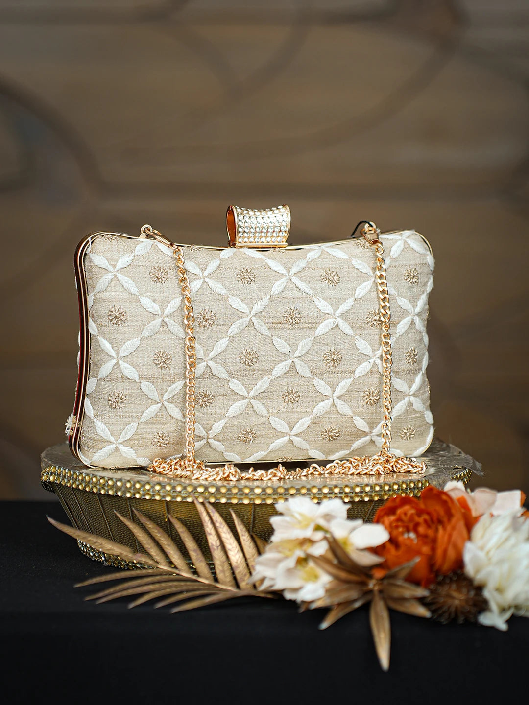 Ada Hand Embroidered Fawn Silk Lucknowi Chikankari Clutch With Zari Taar Work 01A781571