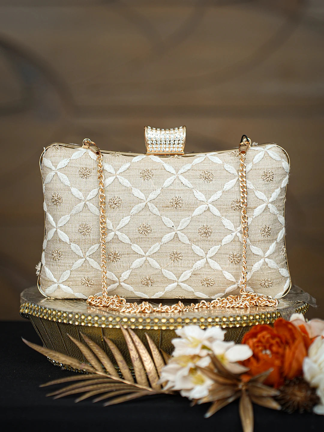 Ada Hand Embroidered Fawn Silk Lucknowi Chikankari Clutch With Zari Taar Work 01A781571