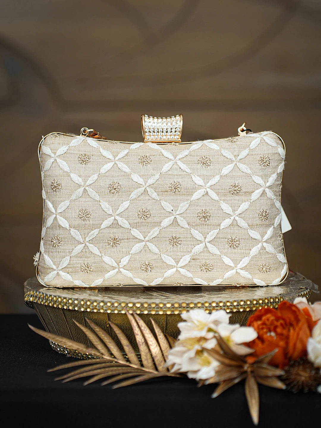 Ada Hand Embroidered Fawn Silk Lucknowi Chikankari Clutch With Zari Taar Work 01A781571