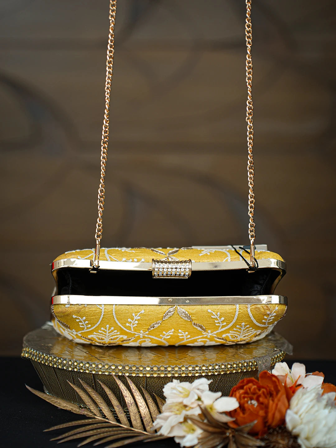 Ada Hand Embroidered Yellow Silk Lucknowi Chikankari Clutch With Zari Taar Work 01A781555
