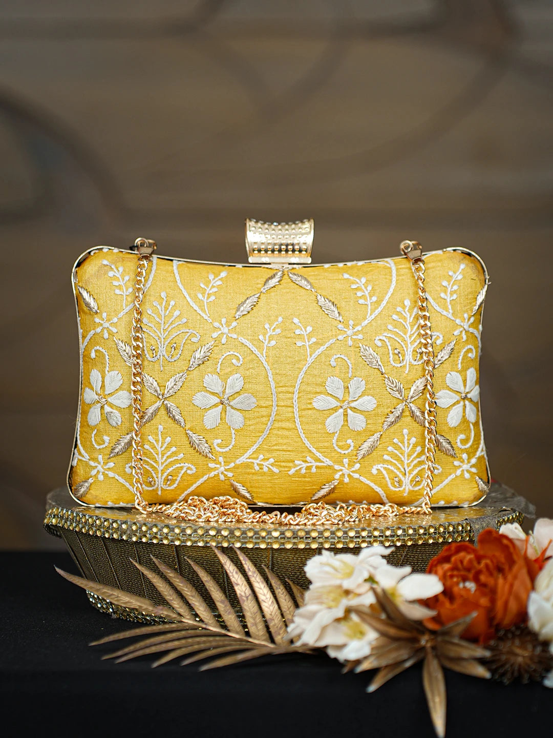 Ada Hand Embroidered Yellow Silk Lucknowi Chikankari Clutch With Zari Taar Work 01A781555