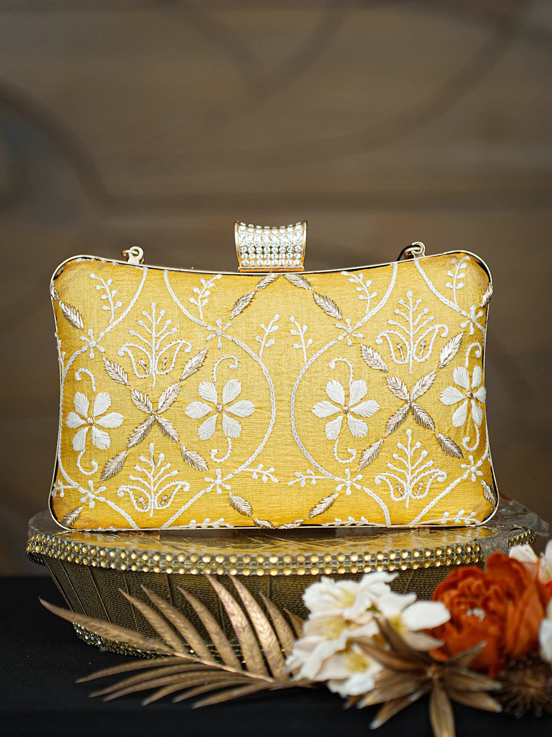 Ada Hand Embroidered Yellow Silk Lucknowi Chikankari Clutch With Zari Taar Work 01A781555