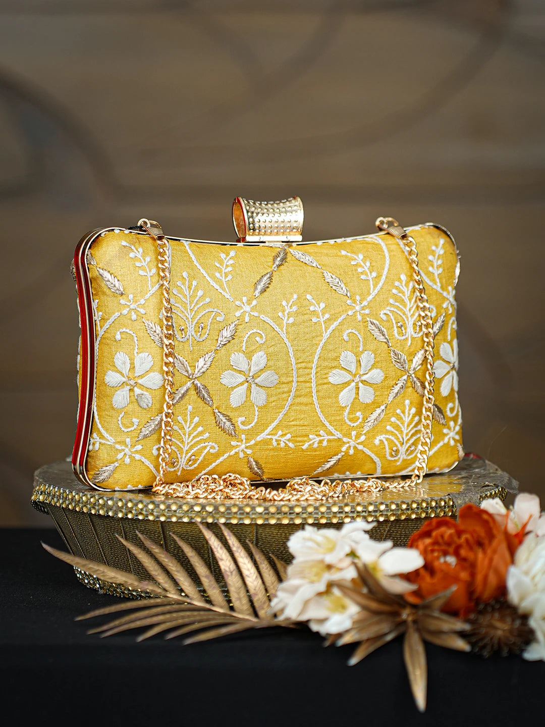Ada Hand Embroidered Yellow Silk Lucknowi Chikankari Clutch With Zari Taar Work 01A781555