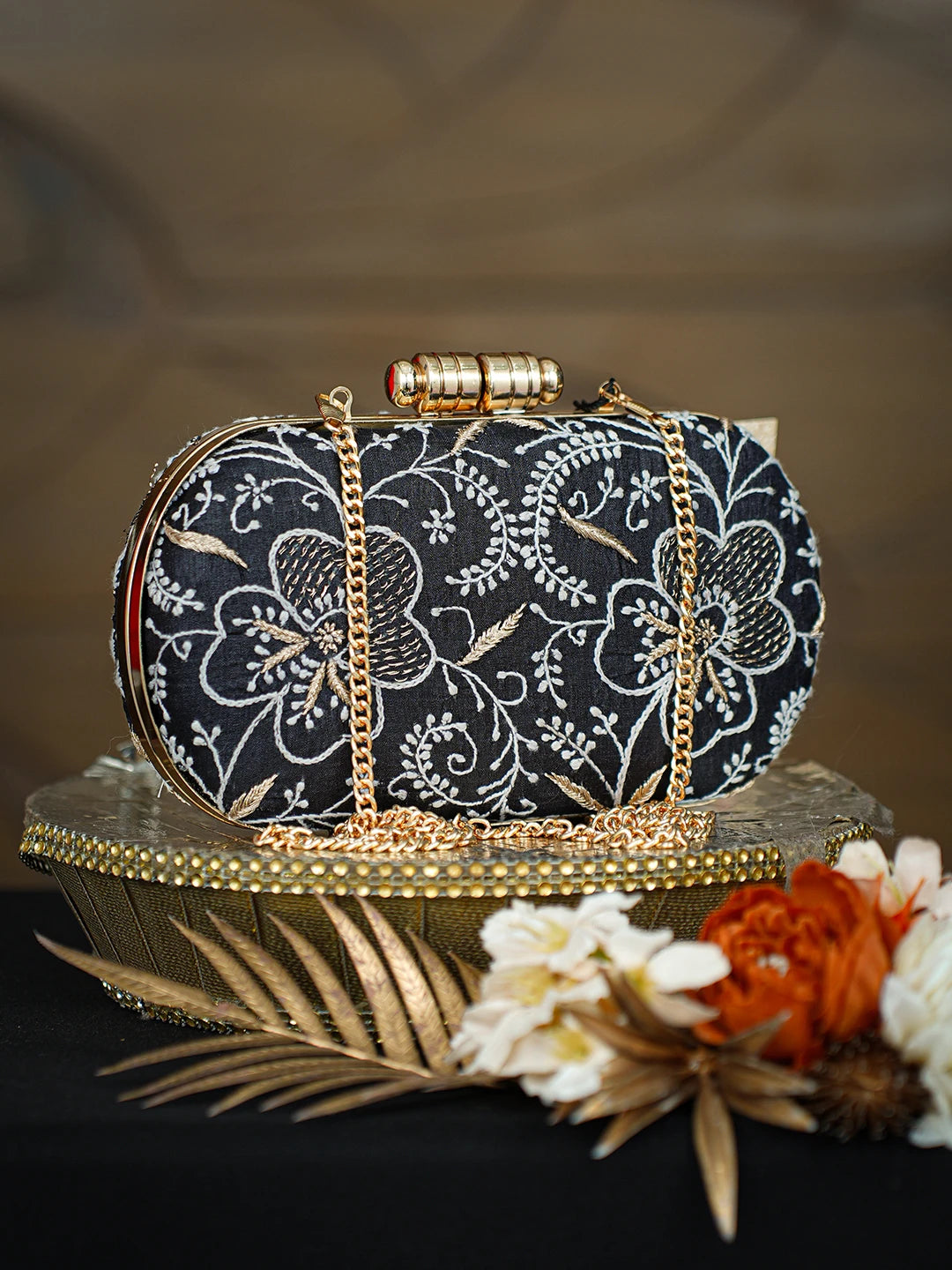 Ada Hand Embroidered Black Silk Lucknowi Chikankari Clutch With Zari Taar Work 01A781630