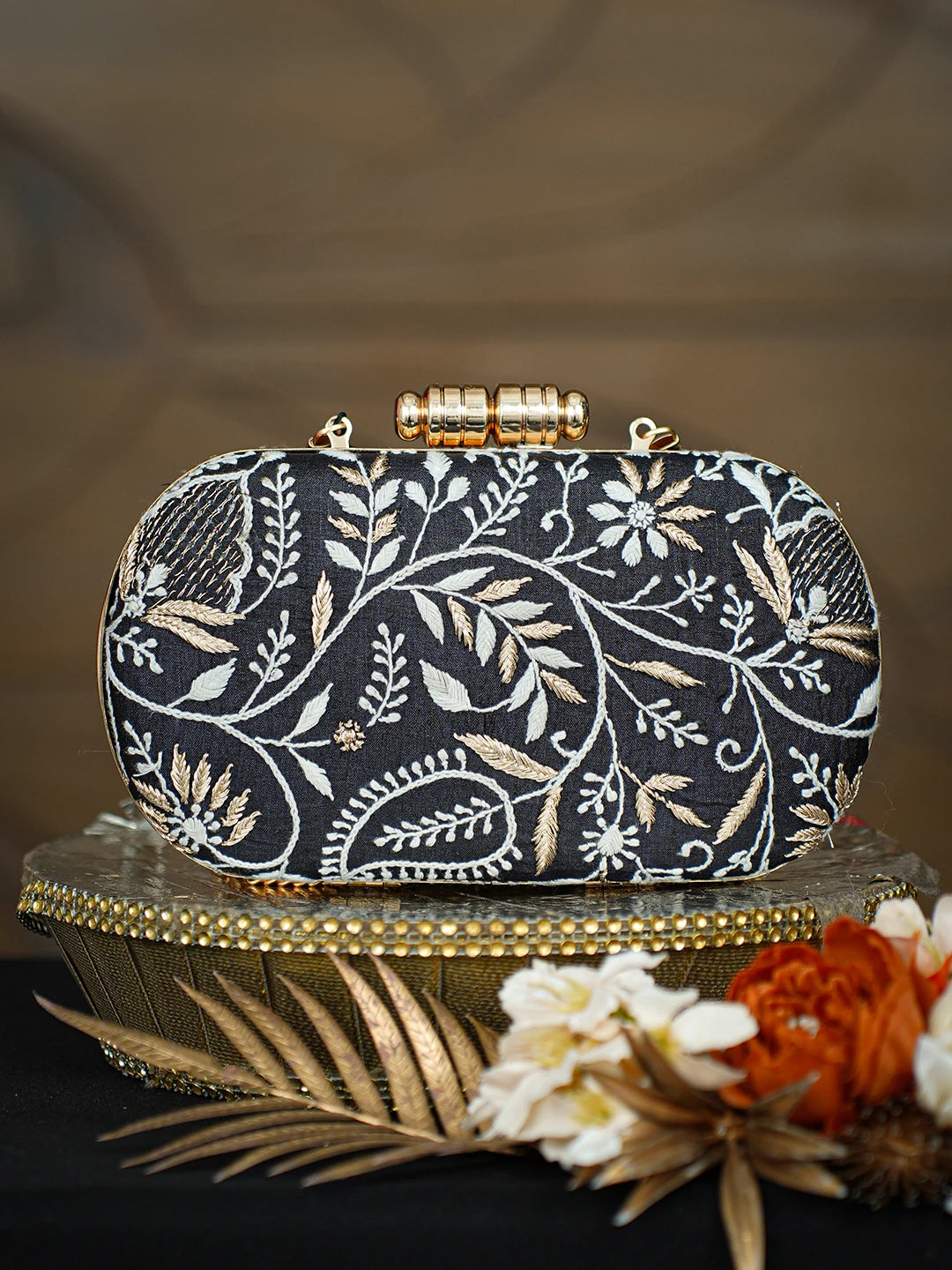Ada Hand Embroidered Black Silk Lucknowi Chikankari Clutch With Zari Taar Work 01A781630