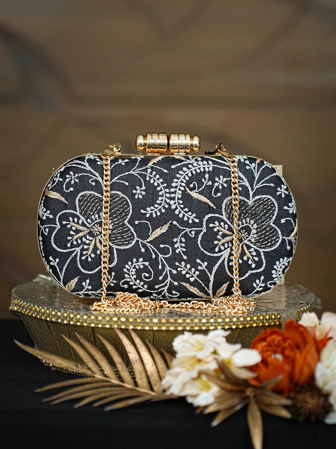 Ada Hand Embroidered Black Silk Lucknowi Chikankari Clutch With Zari Taar Work 01A781630