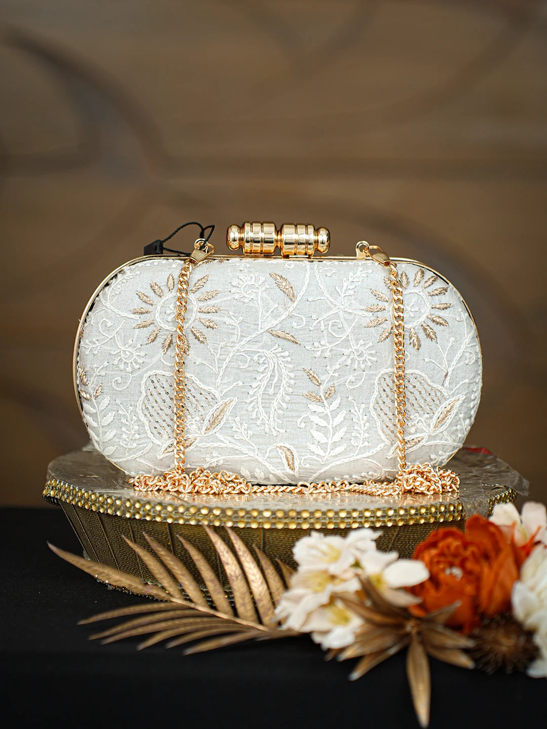 Ada Hand Embroidered Grey Silk Lucknowi Chikankari Clutch With Zari Taar Work 01A781622