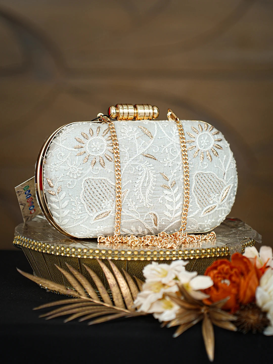 Ada Hand Embroidered Grey Silk Lucknowi Chikankari Clutch With Zari Taar Work 01A781622