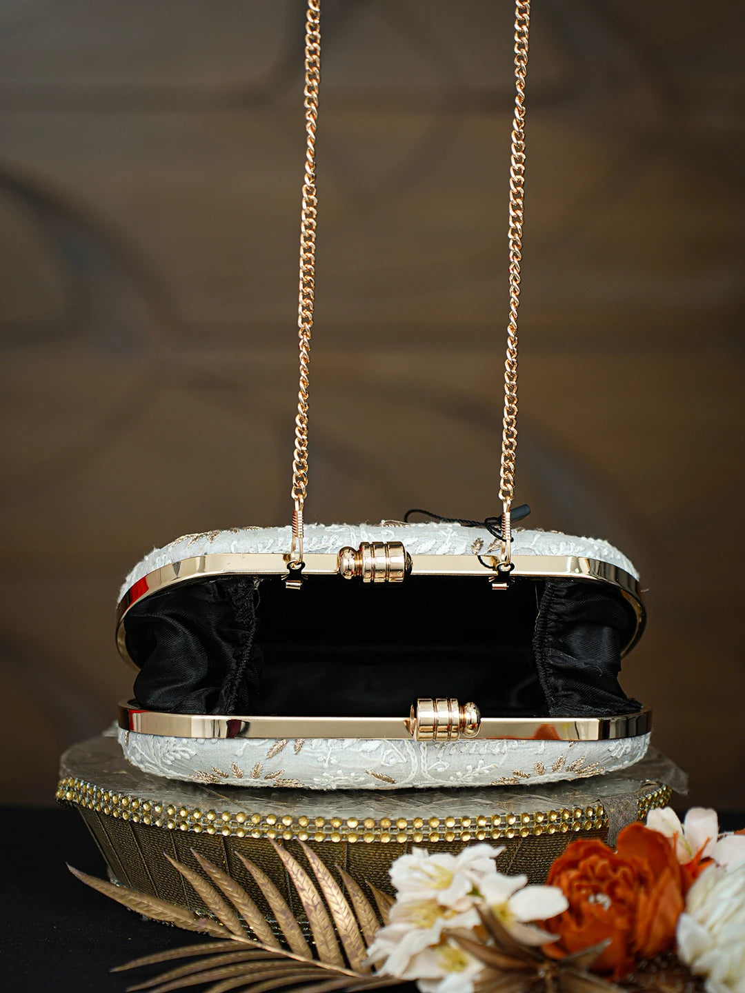 Ada Hand Embroidered Grey Silk Lucknowi Chikankari Clutch With Zari Taar Work 01A781622