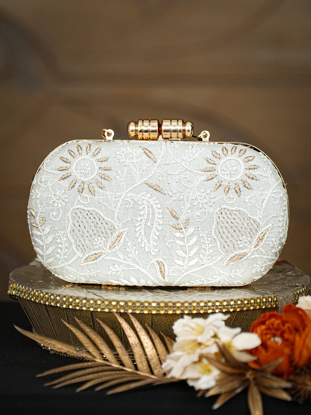 Ada Hand Embroidered Grey Silk Lucknowi Chikankari Clutch With Zari Taar Work 01A781622