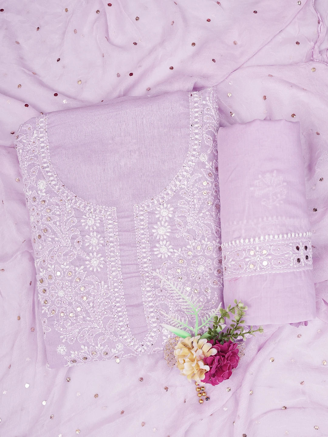 Ada Hand Embroidered Mauve Cotton Lucknowi Chikankari Unstitched Suit Piece With Mukaish Work 01A657412