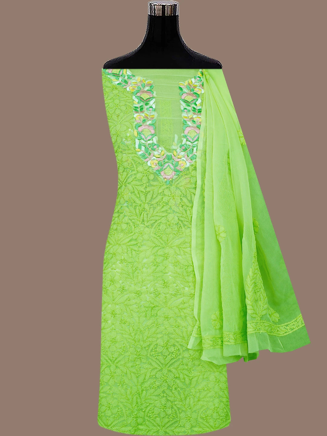 Ada Hand Embroidered Green Georgette Lucknowi Chikankari Unstitched Suit Piece With Parsi Work 01A696774