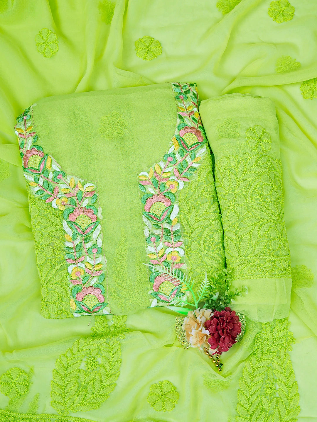 Ada Hand Embroidered Green Georgette Lucknowi Chikankari Unstitched Suit Piece With Parsi Work 01A696774