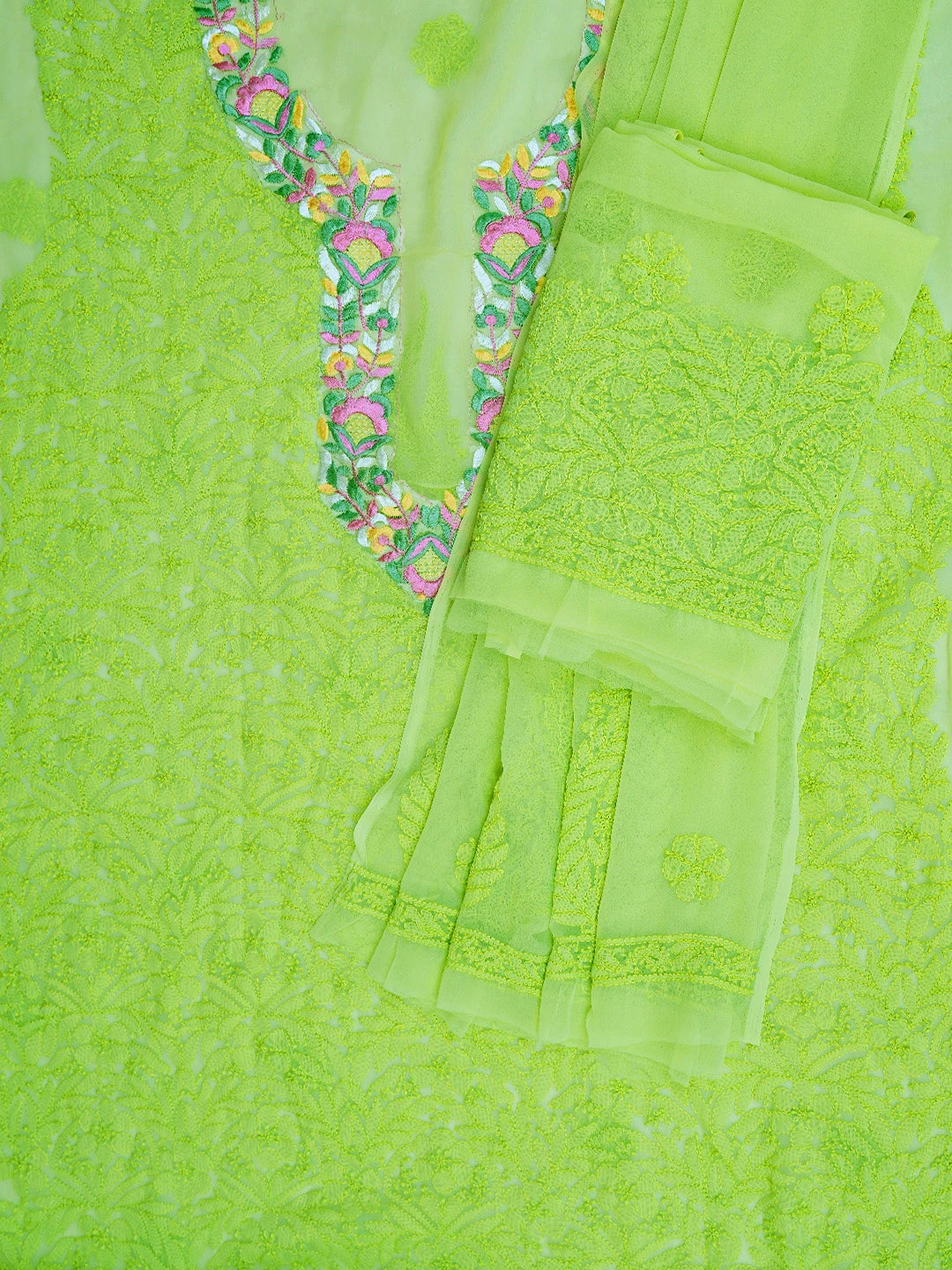 Ada Hand Embroidered Green Georgette Lucknowi Chikankari Unstitched Suit Piece With Parsi Work 01A696774