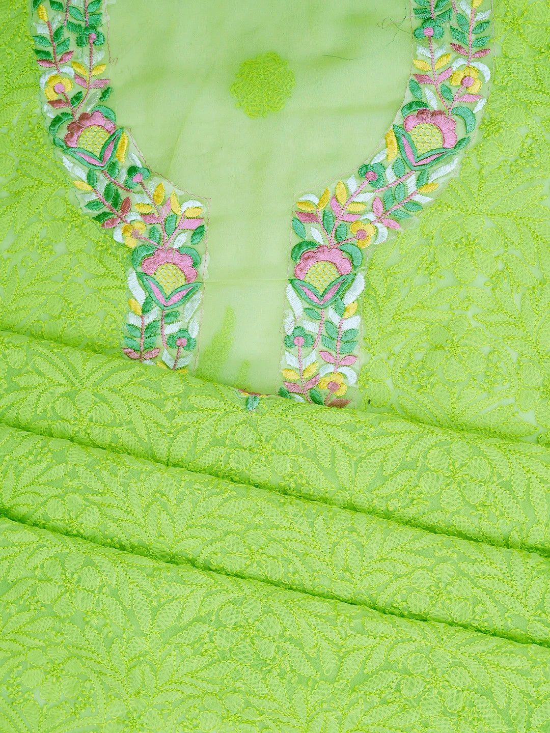 Ada Hand Embroidered Green Georgette Lucknowi Chikankari Unstitched Suit Piece With Parsi Work 01A696774