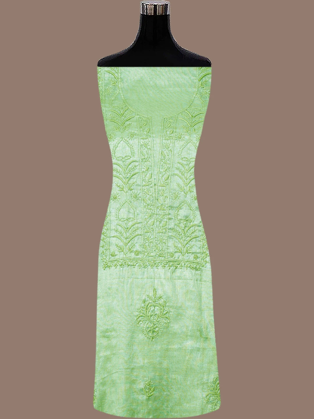 Ada Hand Embroidered Green Tissue Lucknowi Chikankari Unstitched Kurta Dupatta Set 01A761077