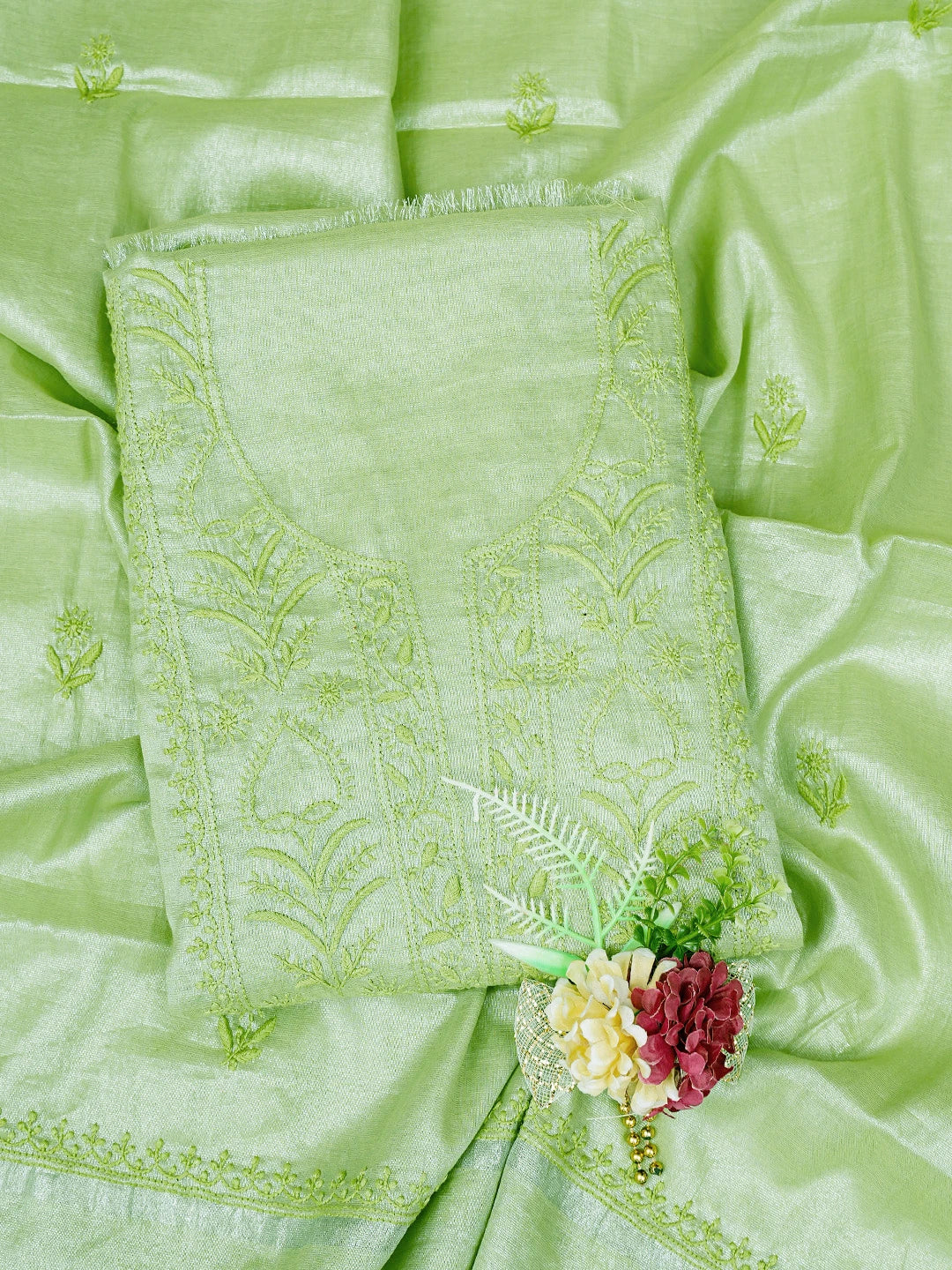 Ada Hand Embroidered Green Tissue Lucknowi Chikankari Unstitched Kurta Dupatta Set 01A761077