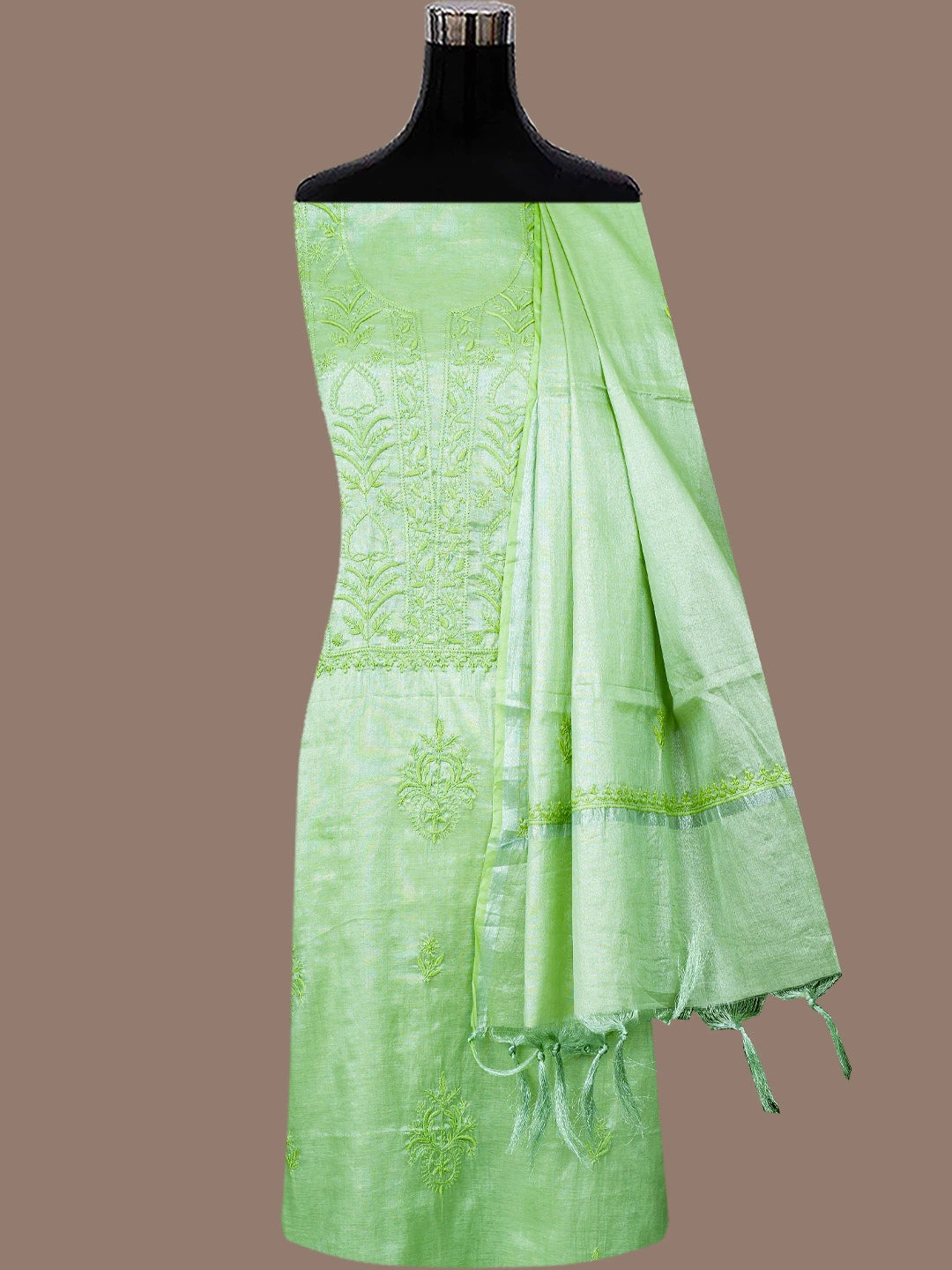 Ada Hand Embroidered Green Tissue Lucknowi Chikankari Unstitched Kurta Dupatta Set 01A761077