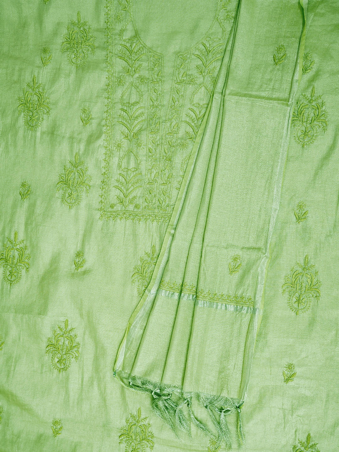 Ada Hand Embroidered Green Tissue Lucknowi Chikankari Unstitched Kurta Dupatta Set 01A761077
