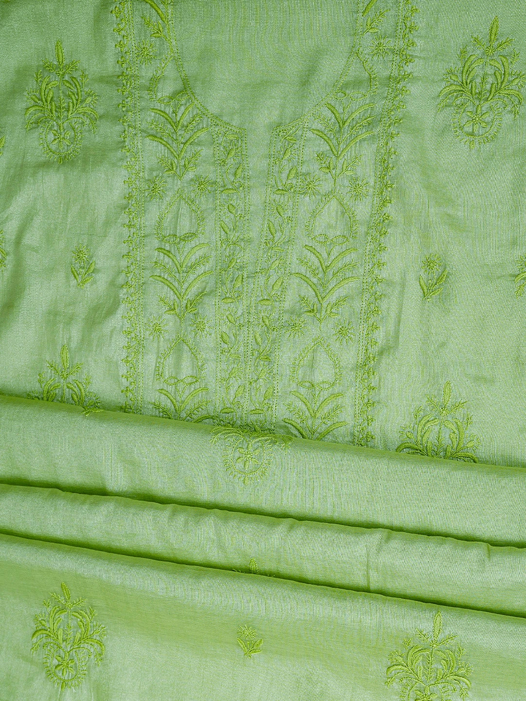 Ada Hand Embroidered Green Tissue Lucknowi Chikankari Unstitched Kurta Dupatta Set 01A761077