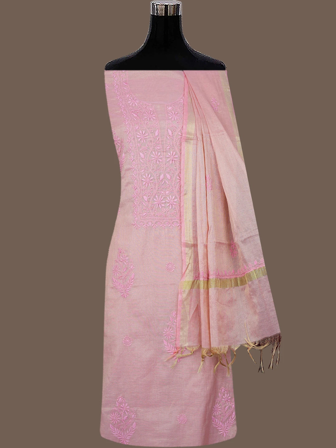 Ada Hand Embroidered Pink Tissue Lucknowi Chikankari Unstitched Kurta Dupatta Set 01A773156