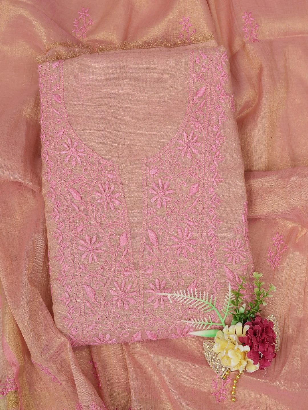 Ada Hand Embroidered Pink Tissue Lucknowi Chikankari Unstitched Kurta Dupatta Set 01A773156