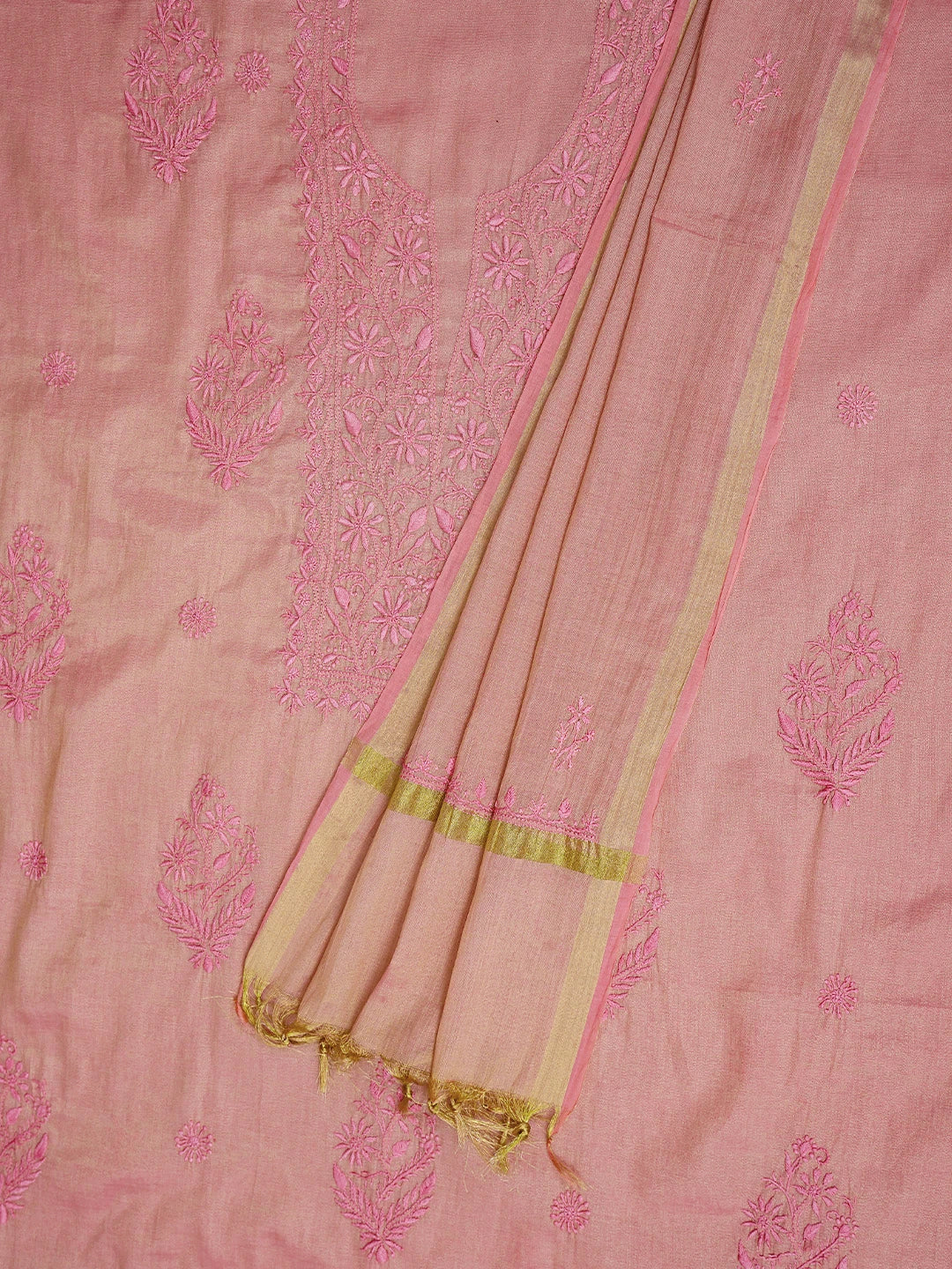 Ada Hand Embroidered Pink Tissue Lucknowi Chikankari Unstitched Kurta Dupatta Set 01A773156