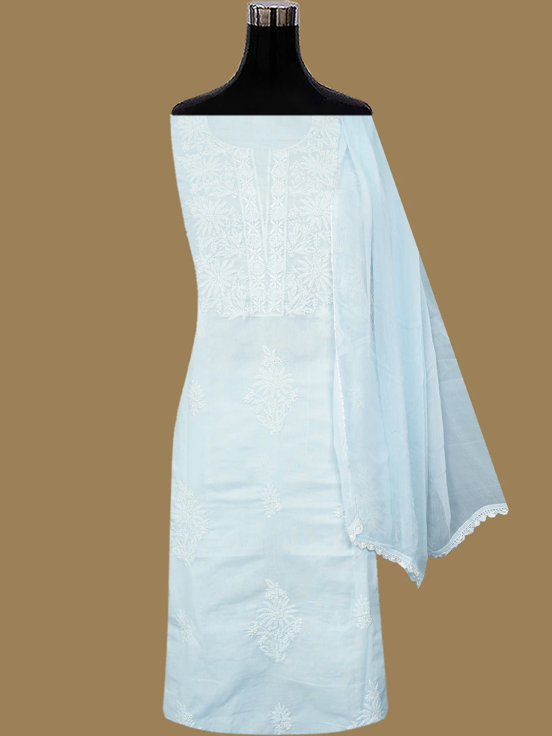 Ada Hand Embroidered Sky Blue Cotton Lucknowi Chikankari Unstitched Suit Piece 01A773557