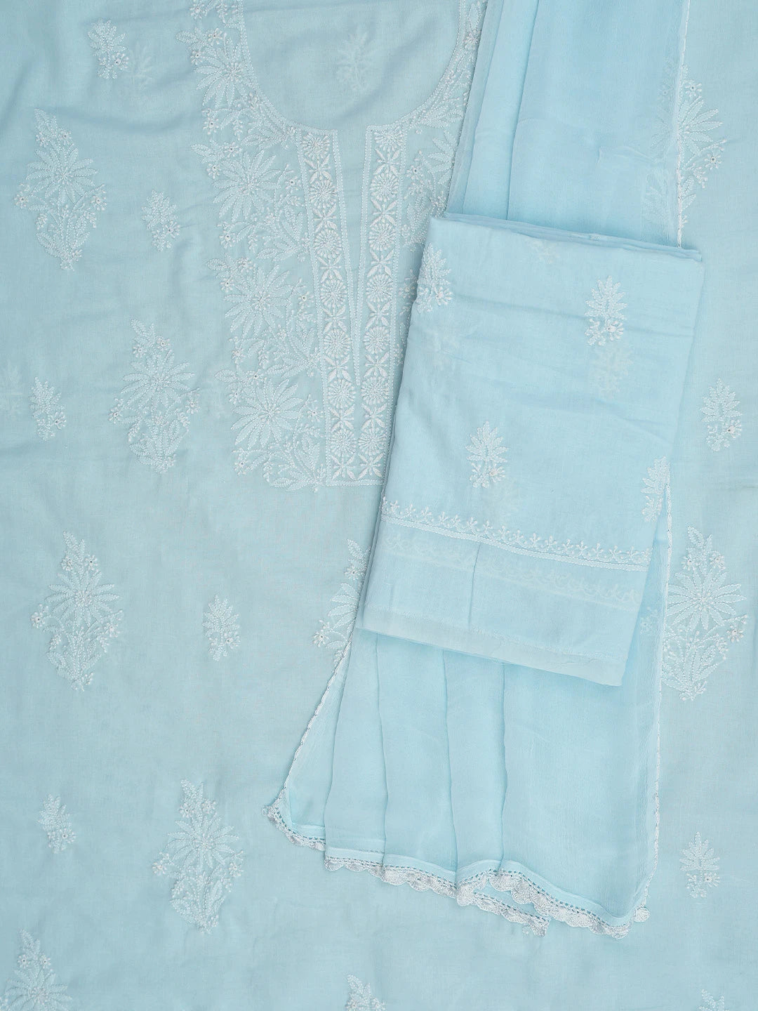 Ada Hand Embroidered Sky Blue Cotton Lucknowi Chikankari Unstitched Suit Piece 01A773557