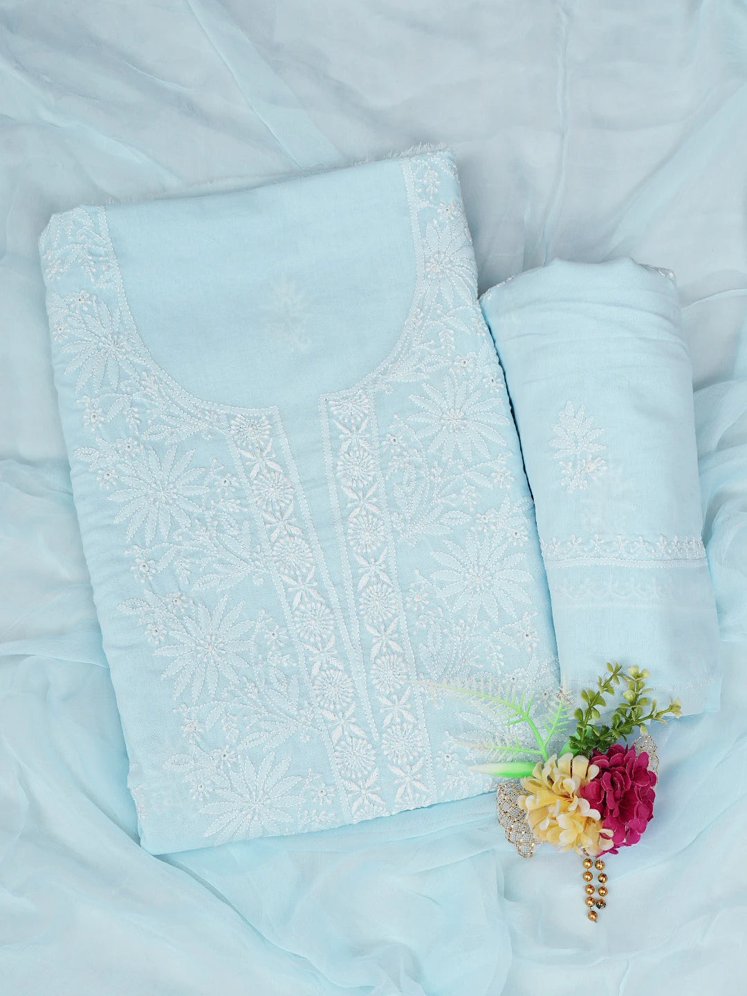Ada Hand Embroidered Sky Blue Cotton Lucknowi Chikankari Unstitched Suit Piece 01A773557