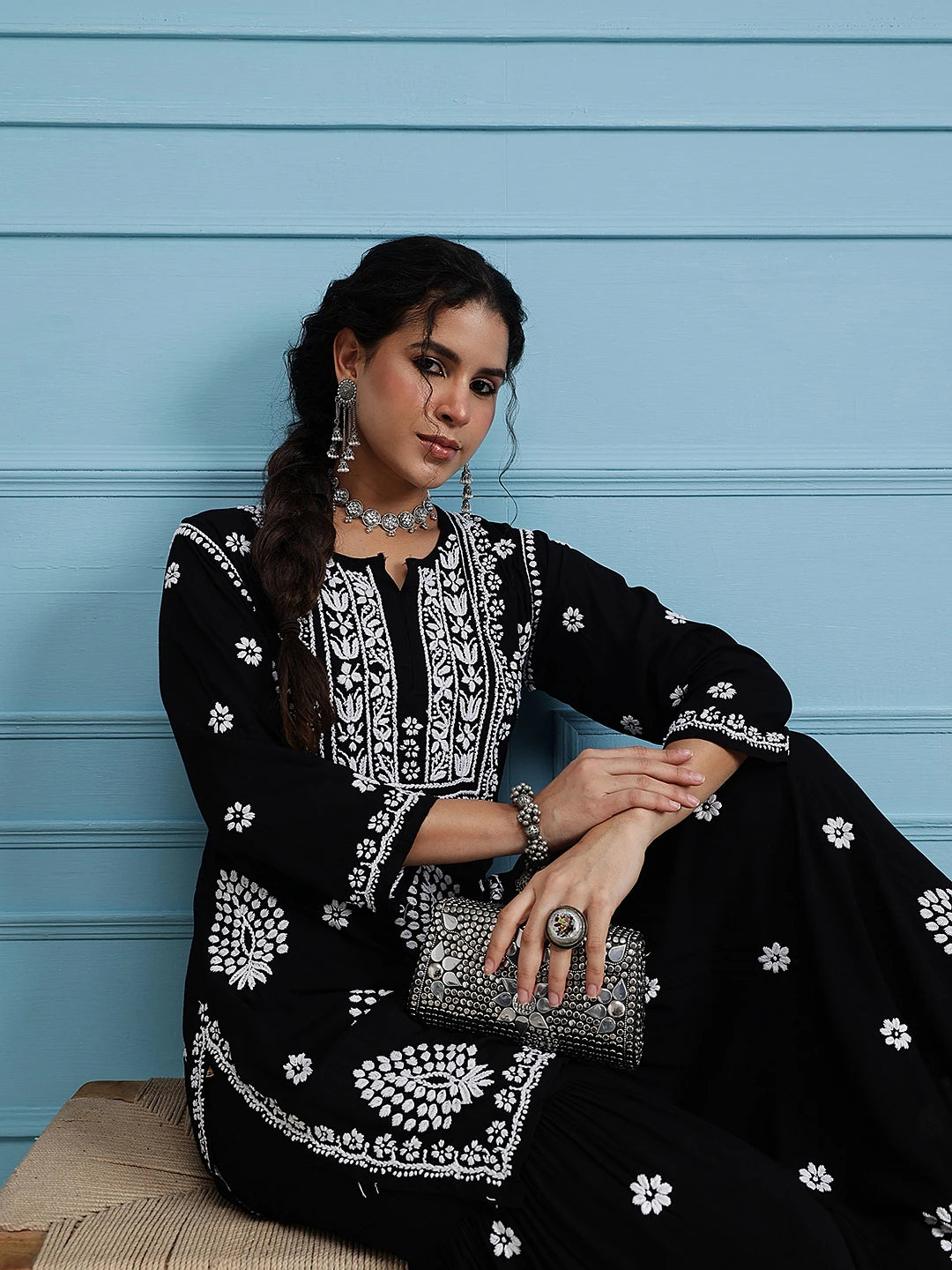 Ada Hand Embroidered Black Modal Lucknowi Chikankari Garara Set A811319