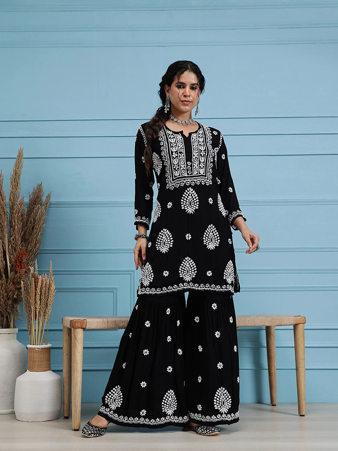 Ada Hand Embroidered Black Modal Lucknowi Chikankari Garara Set A811319