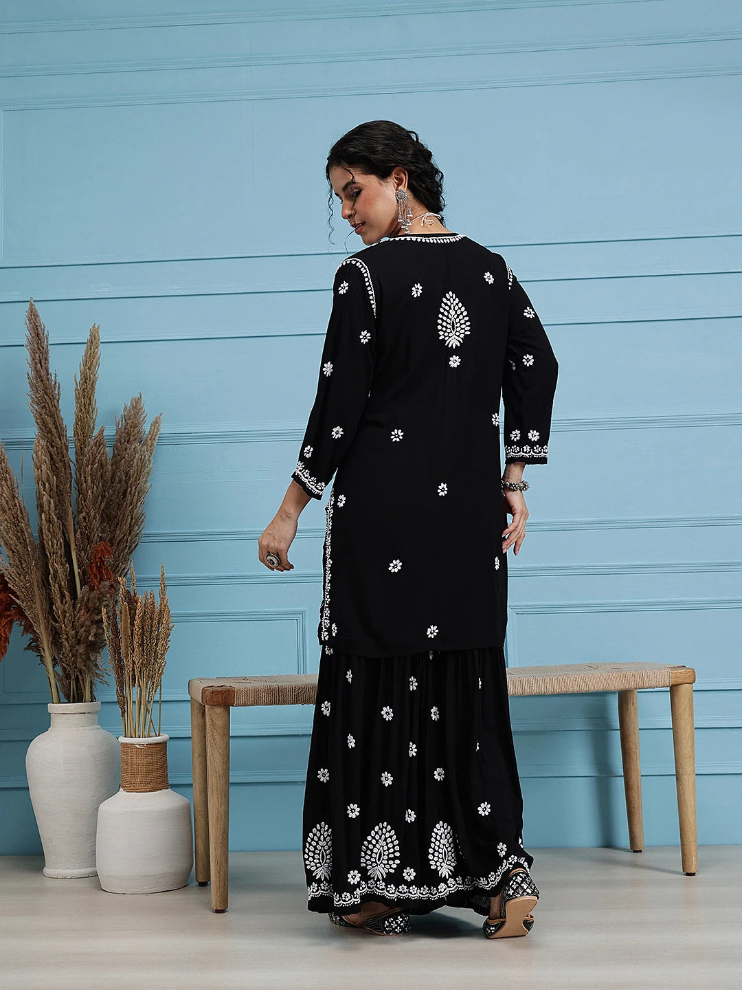 Ada Hand Embroidered Black Modal Lucknowi Chikankari Garara Set A811319