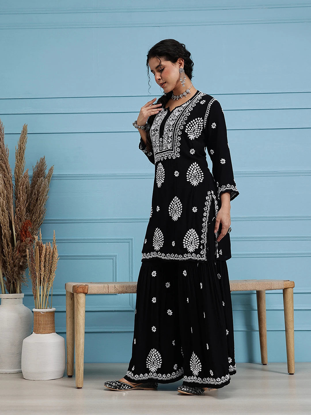 Ada Hand Embroidered Black Modal Lucknowi Chikankari Garara Set A811319
