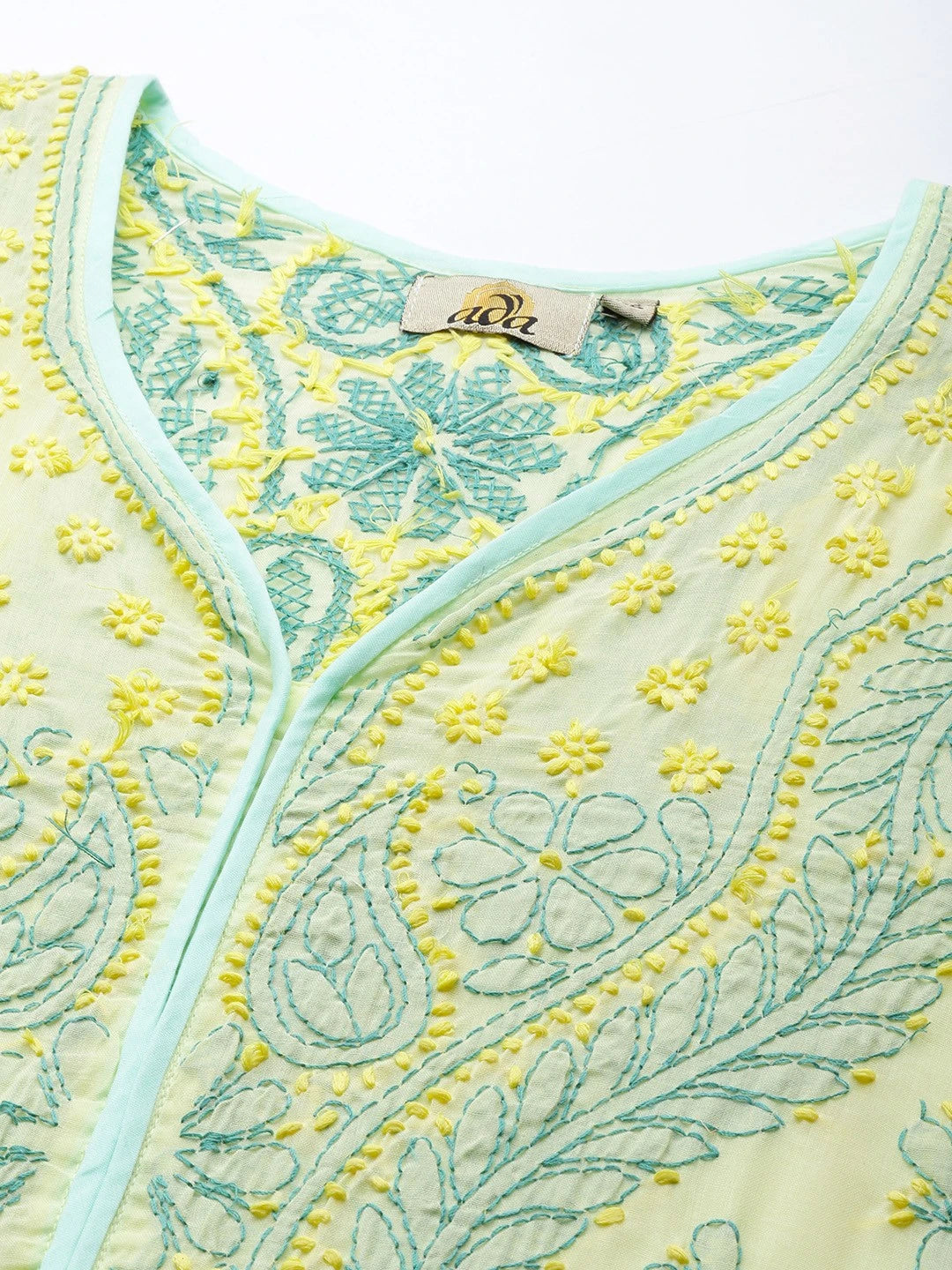 Ada Hand Embroidered Lemon Cotton Lucknowi Chikankari Straight Kurta A253593