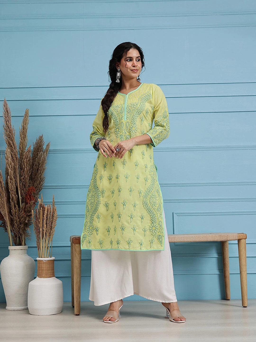 Ada Hand Embroidered Lemon Cotton Lucknowi Chikankari Straight Kurta A253593
